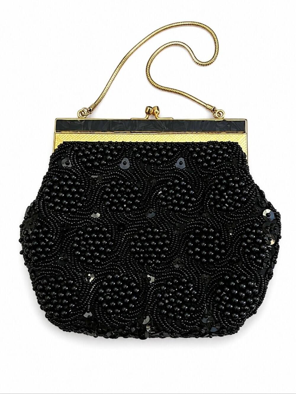 VTG Handmade Hong Kong Black Beaded Sequin Kiss Closure Evening Bag